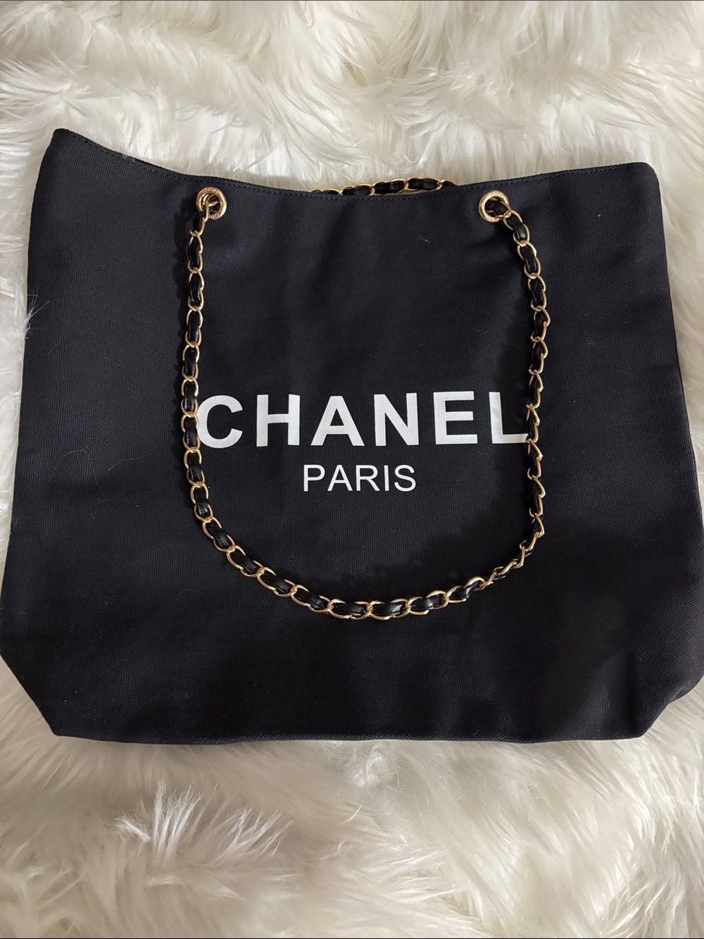 Beauty Black Canvas Tote with Gold and Black Shoulder Straps - Picture 4 of 9